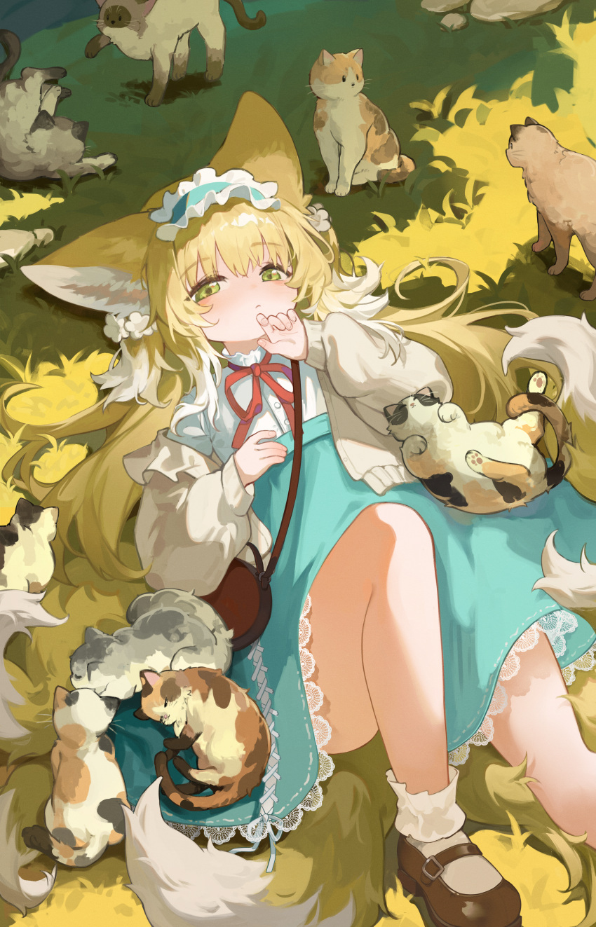 1girl absurdres animal animal_ears arknights bag blonde_hair blue_hairband blue_skirt bobby_socks brown_bag brown_cardigan brown_footwear cardigan cat chinese_commentary closed_mouth colored_tips commentary_request fox_ears fox_girl fox_tail frilled_hairband frills grass green_eyes hairband high-waist_skirt highres kitsune knee_up kyuubi long_sleeves looking_at_viewer lying mary_janes multicolored_hair multiple_tails neck_ribbon official_alternate_costume on_back on_grass outdoors partial_commentary puffy_long_sleeves puffy_sleeves red_ribbon ribbon round_bag shio_(shiofeifei) shirt shoes shoulder_bag skirt socks suzuran_(arknights) suzuran_(spring_praise)_(arknights) tail white_hair white_shirt white_socks