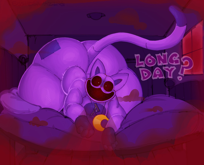 2024 absurd_res anthro bed butt catnap_(poppy_playtime) crescent_moon critters_(poppy_playtime) domestic_cat felid feline felis fur furniture gas hi_res huge_hips jewelry long_tail lying lying_on_bed male mammal moon necklace on_bed on_front open_mouth pillow poppy_playtime pose presenting presenting_hindquarters purple_body purple_fur smiling_critters smoke smoke_from_mouth smoking solo sushiamazing tail text thick_thighs white_eyes wide_hips zipper