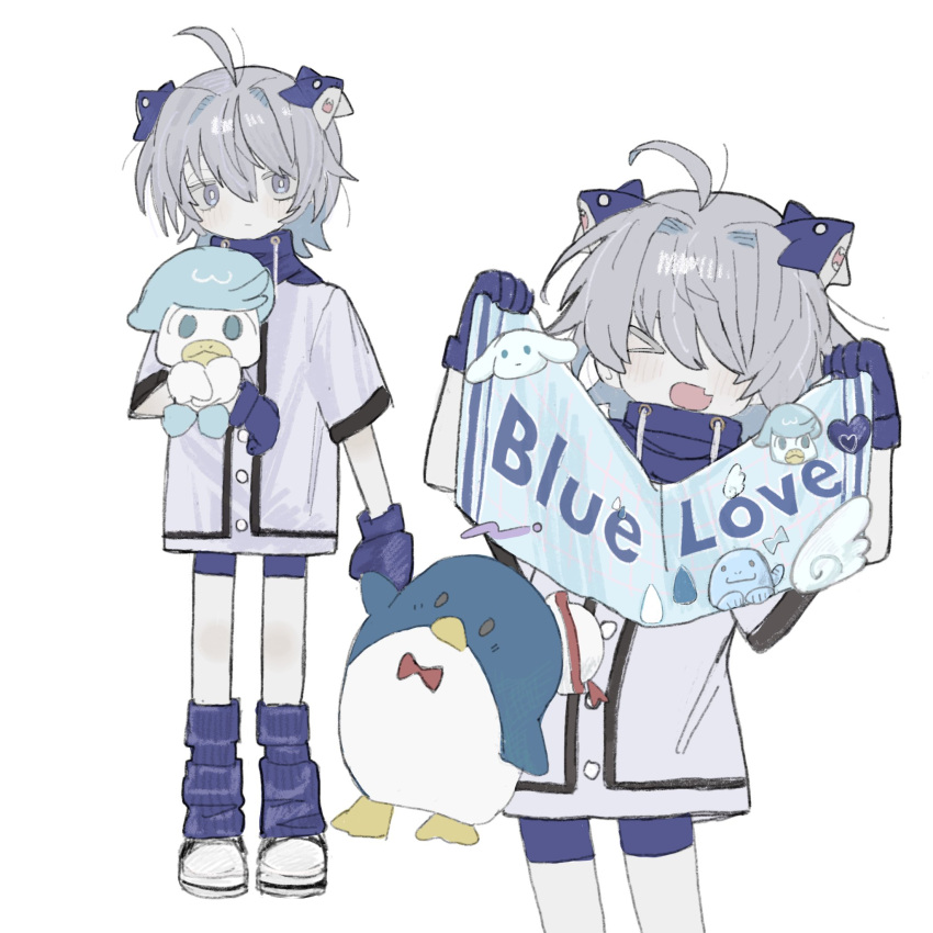 &gt;_&lt; 1girl ahoge blue_gloves blue_shorts cinnamoroll closed_eyes closed_mouth fang feet_out_of_frame flag full_body gloves grey_hair grey_jacket hair_between_eyes hair_ornament hands_up highres holding holding_flag holding_stuffed_toy hougetsu_(moon_neetcat) jacket leg_warmers looking_at_viewer multiple_views open_mouth original pokemon quagsire quaxly sanrio shark_hair_ornament shoes short_hair shorts simple_background skin_fang smile standing stuffed_toy tuxedo_sam white_background