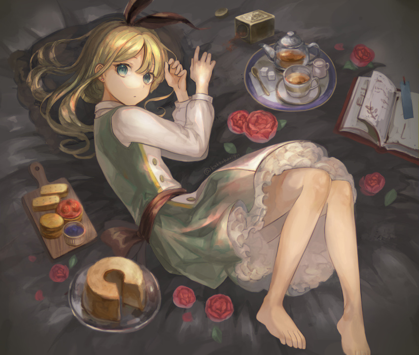 1girl bangs barefoot blonde_hair book bookmark bow box cake cracker creamer_(vessel) cup dress flower food frilled_dress frills glass_teapot green_eyes hair_bow hands_up highres kakkokari911 leaf long_hair long_sleeves looking_at_viewer lying on_side original plate ribbon rose sash solo sugar_cube tea tea_set teacup teapot