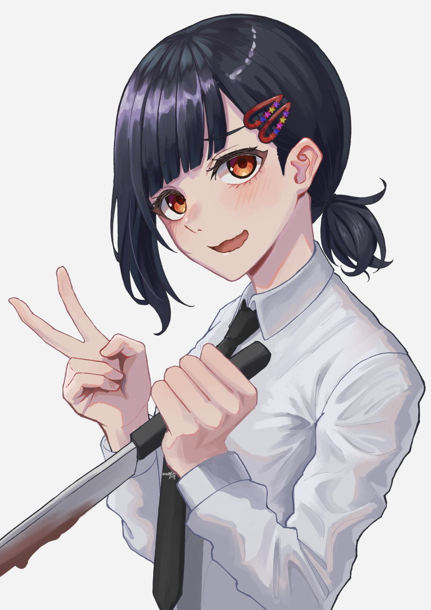 1girl absurdres bang_dream! black_necktie blunt_bangs blush chainsaw_man collared_shirt commentary cosplay dress_shirt hair_ornament hairclip higashiyama_kobeni higashiyama_kobeni_(cosplay) highres holding holding_knife knife long_sleeves looking_at_viewer necktie nishiki_(nishiki4692) ooarai_school_uniform open_mouth orange_eyes school_uniform shirt simple_background solo upper_body ushigome_rimi v wavy_mouth white_background white_shirt