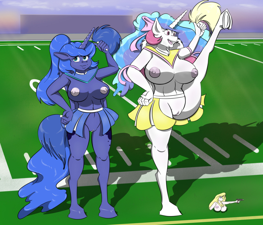 2023 accessory anthro anthrofied big_breasts blue_body blue_eyes blue_hair bow_ribbon breasts cheerleader_outfit clothing duo equid equine football_field friendship_is_magic genitals hair hair_accessory hair_bow hair_ribbon hand_on_hip hasbro hi_res hooves horn ineffective_clothing mammal multicolored_hair my_little_pony navel nipples on_one_leg open_mouth open_smile outside pom_poms ponytail princess_celestia_(mlp) princess_luna_(mlp) purple_eyes pussy raised_leg ribbons sailoranna smile standing underhoof unguligrade_anthro unicorn white_body