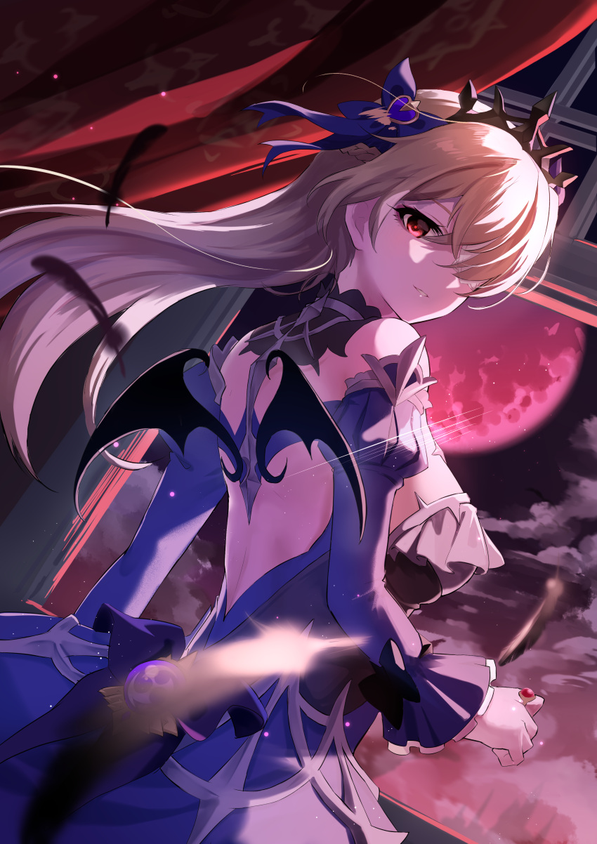 1girl absurdres back bare_shoulders bat_ornament black_feathers blonde_hair breasts detached_sleeves dress eyepatch falling_feathers feathers fischl_(ein_immernachtstraum)_(genshin_impact) fischl_(genshin_impact) frills genshin_impact hair_over_one_eye hair_ribbon highres jewelry long_hair long_sleeves looking_at_viewer moon night official_alternate_costume purple_dress purple_sleeves red_eyes red_moon ribbon sazanka smile solo tiara