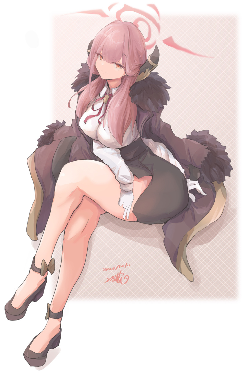 1girl absurdres aru_(blue_archive) bare_legs black_skirt blue_archive breasts coat coat_on_shoulders crossed_legs dated demon_horns feet fur-trimmed_coat fur_trim gloves halo high-waist_skirt highres horns invisible_chair large_breasts long_sleeves looking_at_viewer neck_ribbon pink_hair red_ribbon ribbon saamon_(salmonkomaku) shirt shirt_tucked_in signature sitting skirt smile solo thick_thighs thighs v white_gloves white_shirt