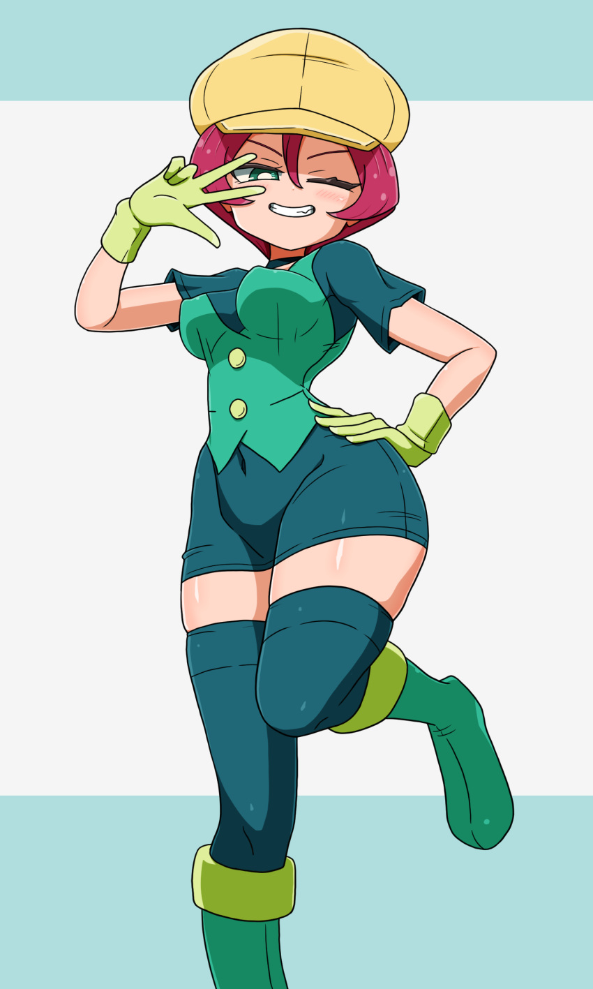1girl absurdres boots breasts covered_navel georgia_(pokemon) gloves green_eyes green_footwear green_gloves green_vest hand_on_own_hip hand_up hat highres mori_hayaki navel one_eye_closed pokemon pokemon_(anime) pokemon_bw red_hair simple_background small_breasts solo thighhighs v vest yellow_headwear
