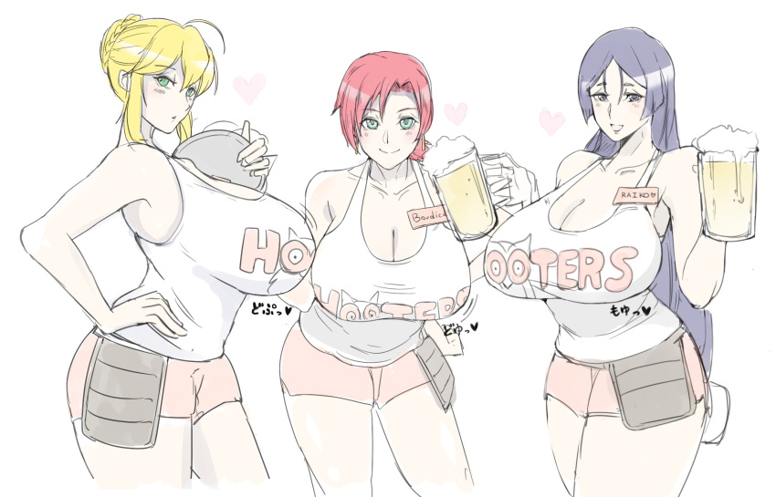 3girls alcohol artoria_pendragon_(fate) artoria_pendragon_(lancer)_(fate) beer beer_mug blonde_hair boudica_(fate) braid breasts cleavage cup fate/grand_order fate_(series) french_braid green_eyes heart highres hooters huge_breasts mature_female minamoto_no_raikou_(fate) mug multiple_girls name_tag open_mouth purple_eyes purple_hair red_hair romo_(samesameyeah) short_shorts shorts smile tank_top