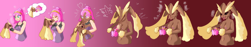 absurd_res anthro crumbleumble female generation_4_pokemon goo_transformation hair hi_res human humanoid long_image lopunny mammal mask mask_transformation nintendo pink_hair pokemon pokemon_(species) solo transformation transformation_sequence wide_image