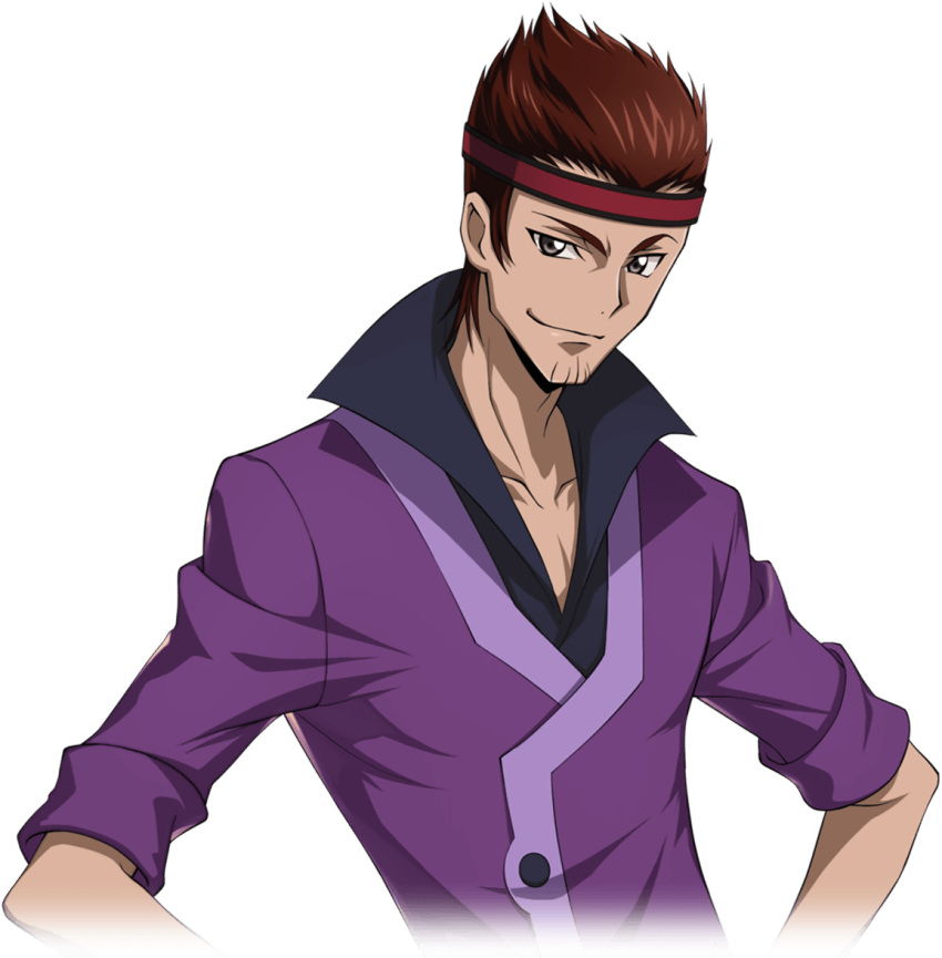 1boy artist_request beard_stubble black_shirt brown_hair closed_mouth code_geass code_geass:_lost_stories collarbone collared_shirt cropped_torso facial_hair game_cg hands_on_own_hips happy headband high_collar jacket looking_at_viewer male_focus non-web_source official_art pectoral_cleavage pectorals purple_jacket red_headband shirt short_hair sidelocks simple_background sleeves_rolled_up smile solo spiked_hair standing stubble tamaki_shin'ichirou transparent_background upper_body v-neck