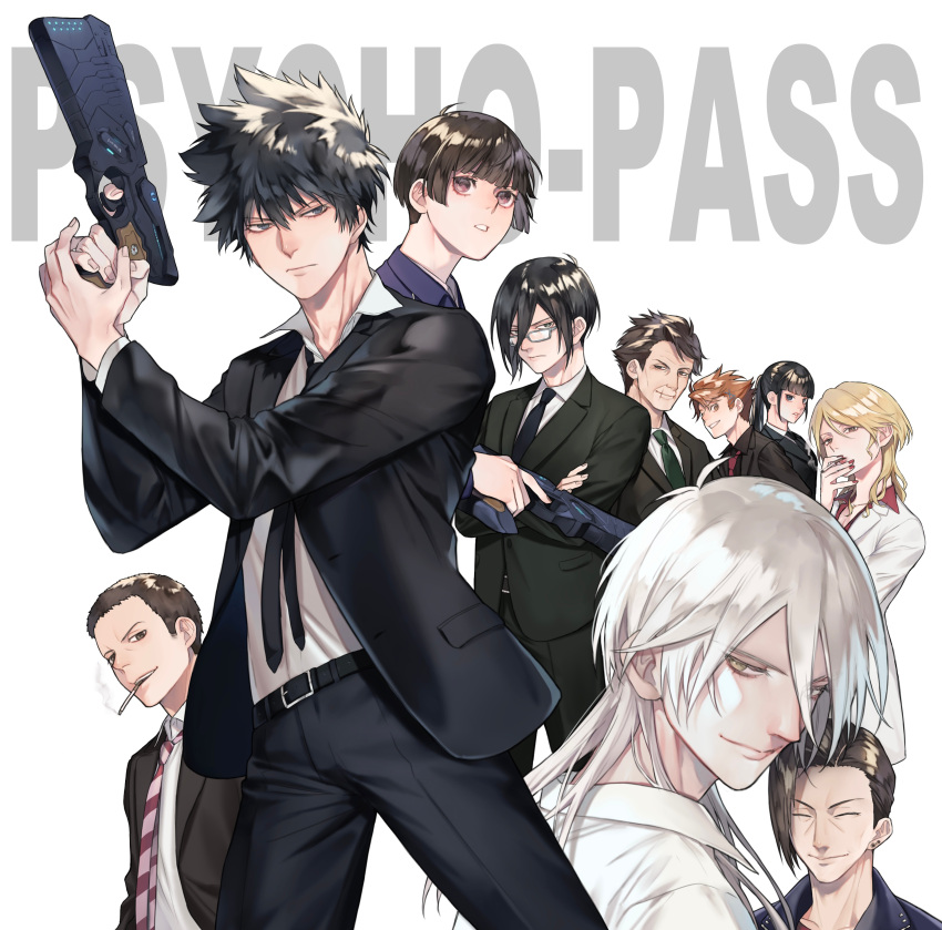 3girls 6+boys absurdres black_hair blonde_hair blue_eyes brown_eyes brown_hair cigarette copyright_name dominator_(gun) expressionless formal ginoza_nobuchika glasses grey_eyes gun highres holding holding_gun holding_weapon jacket kagari_shuusei kougami_shin'ya kunizuka_yayoi lab_coat long_hair looking_at_another looking_at_viewer makishima_shougo male_focus masaoka_tomomi multiple_boys multiple_girls necktie open_clothes open_jacket pant_suit pants ponytail psycho-pass serious short_hair smile smoking standing suit tsunemori_akane very_short_hair weapon white_background white_hair yellow_eyes yokuni_(yokunill001121)