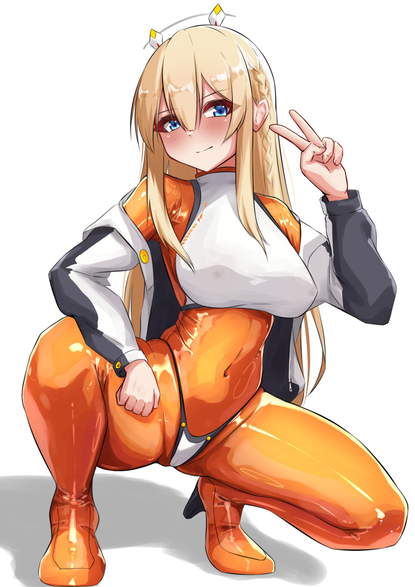 1girl absurdres bikini_over_clothes blonde_hair blue_eyes blush bodysuit braid breasts full_body goddess_of_victory:_nikke headgear high_heels highres hiuyec jacket large_breasts latex latex_bodysuit long_hair long_sleeves looking_at_viewer multicolored_clothes multicolored_jacket orange_bodysuit panties_over_bodysuit shiny_clothes sidelocks skin_tight smile solo spread_legs squatting tiptoes tove_(nikke) v