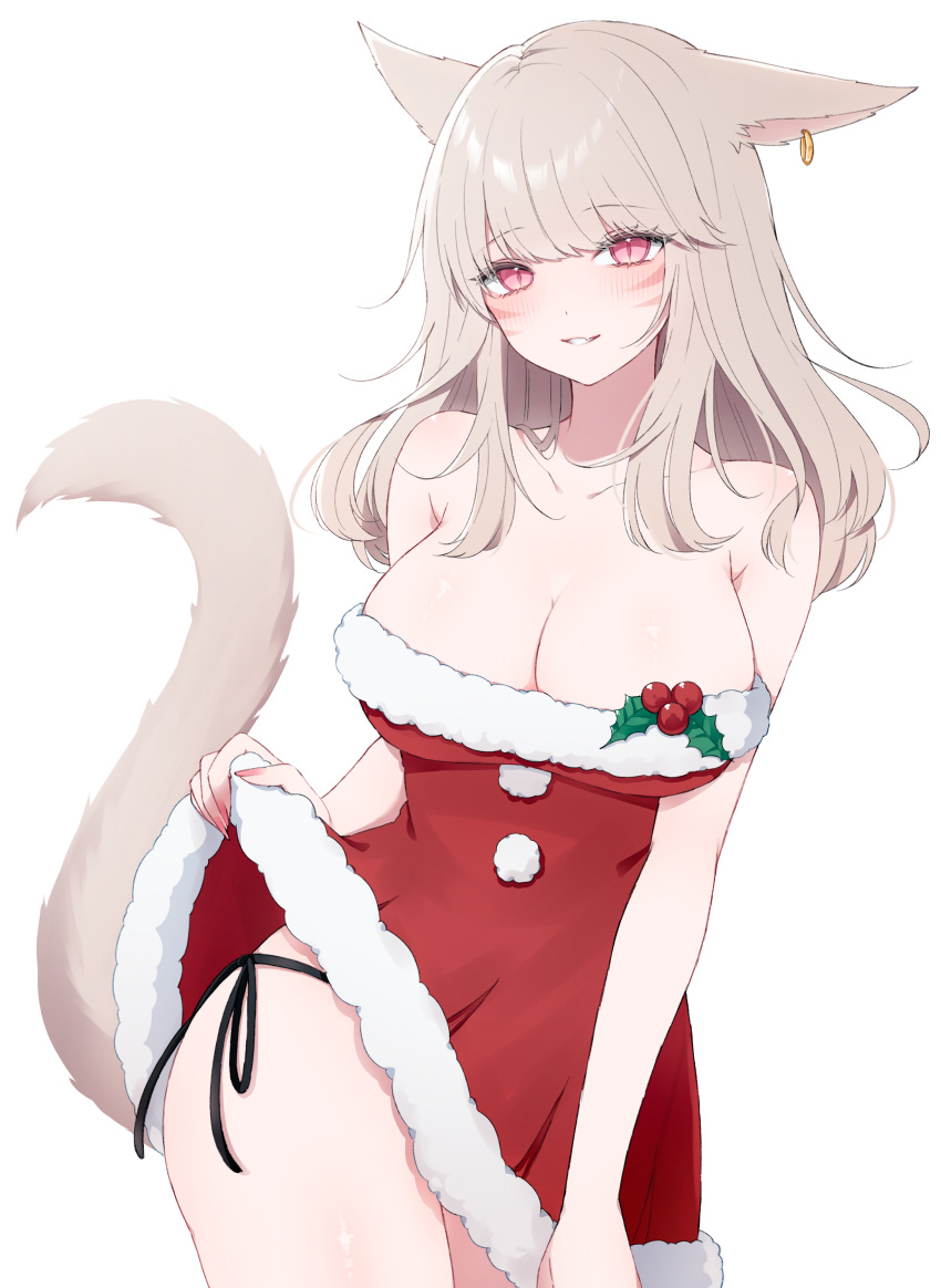 1girl absurdres animal_ears bare_shoulders blush breasts cat_ears cat_girl cat_tail christmas cleavage clothes_lift collarbone commentary cowboy_shot dress dress_lift earrings facial_mark final_fantasy final_fantasy_xiv fur-trimmed_dress fur_trim highres jewelry large_breasts lifted_by_self light_brown_hair long_hair looking_at_viewer miqo'te pink_eyes red_dress sana_(sanamaru_0w0) simple_background single_earring smile solo strapless strapless_dress tail warrior_of_light_(ff14) whisker_markings white_background
