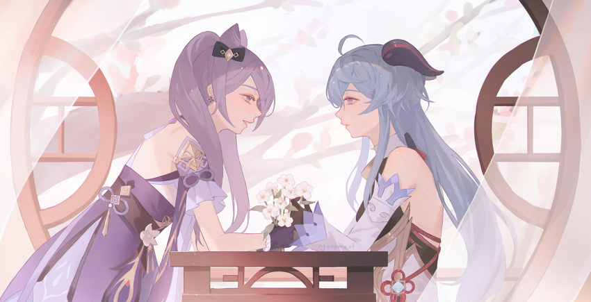 2girls ahoge architecture bare_shoulders black_bodysuit blush bodysuit branch closed_mouth commentary cone_hair_bun curtains detached_sleeves dress east_asian_architecture english_commentary eye_contact flower ganyu_(genshin_impact) genshin_impact gloves hair_bun holding holding_flower horns indoors keqing_(genshin_impact) long_hair looking_at_another multiple_girls nyoomcat parted_lips profile purple_dress purple_gloves purple_hair sleeveless sleeveless_dress table twintails white_gloves white_sleeves window