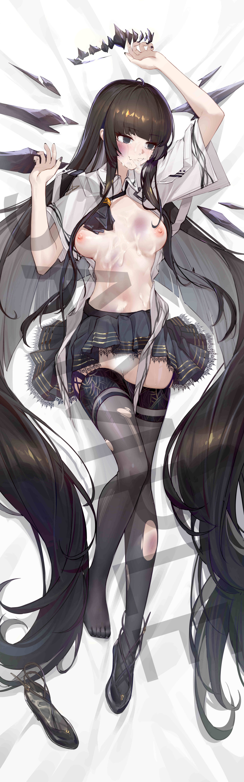 1girl absurdly_long_hair absurdres after_fellatio after_rape ahoge alternate_breast_size arknights arms_up ascot bed_sheet black_ascot black_eyes black_footwear black_garter_straps black_hair black_halo black_nails black_skirt black_thighhighs black_wings blunt_bangs blush breasts breasts_apart bright_pupils broken_halo bruise bruise_on_face bruise_on_leg censored chinese_commentary closed_mouth collared_jacket colored_inner_hair commentary_request crying crying_with_eyes_open cum cum_in_mouth cum_on_body dakimakura_(medium) dark_halo detached_wings empty_eyes energy_wings expressionless eyelashes facial facing_viewer feet fingernails from_above full_body garter_straps grey_hair hair_spread_out halo high_heels highres hime_cut incredibly_absurdres injury jacket knee_up knees lace-trimmed_skirt lace_trim large_breasts legs lips long_hair looking_afar looking_to_the_side lying miniskirt mole mole_under_eye multicolored_hair nail_polish navel nipples no_shirt no_shoes on_back open_clothes open_jacket pale_skin pleated_skirt puffy_nipples sample_watermark saw272 see-through see-through_legwear shadow shiny_clothes shiny_legwear shiny_skin shoes short_sleeves sidelocks skirt snot solo stomach straight_hair strap strappy_heels stray_pubic_hair sweat tears thighhighs thighs toenails toes torn_clothes torn_thighhighs two-tone_hair unworn_shoes variant_set very_long_hair virtuosa_(arknights) watermark white_jacket white_pupils wide_sleeves wing_collar wings
