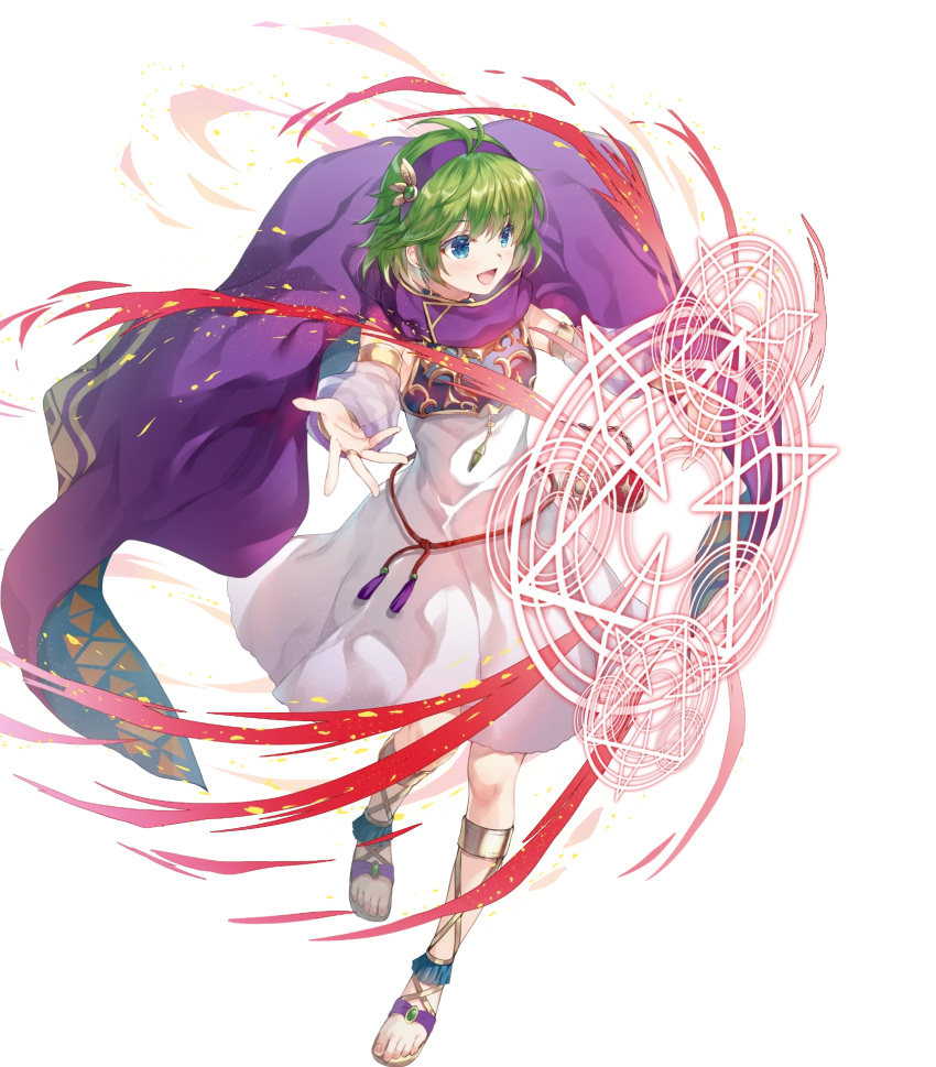 1girl ahoge bangs blue_eyes cape dress fire_emblem fire_emblem:_the_blazing_blade fire_emblem_heroes full_body gold_trim green_hair hairband highres miwabe_sakura nino_(fire_emblem) non-web_source official_art shiny_hair short_hair solo white_dress