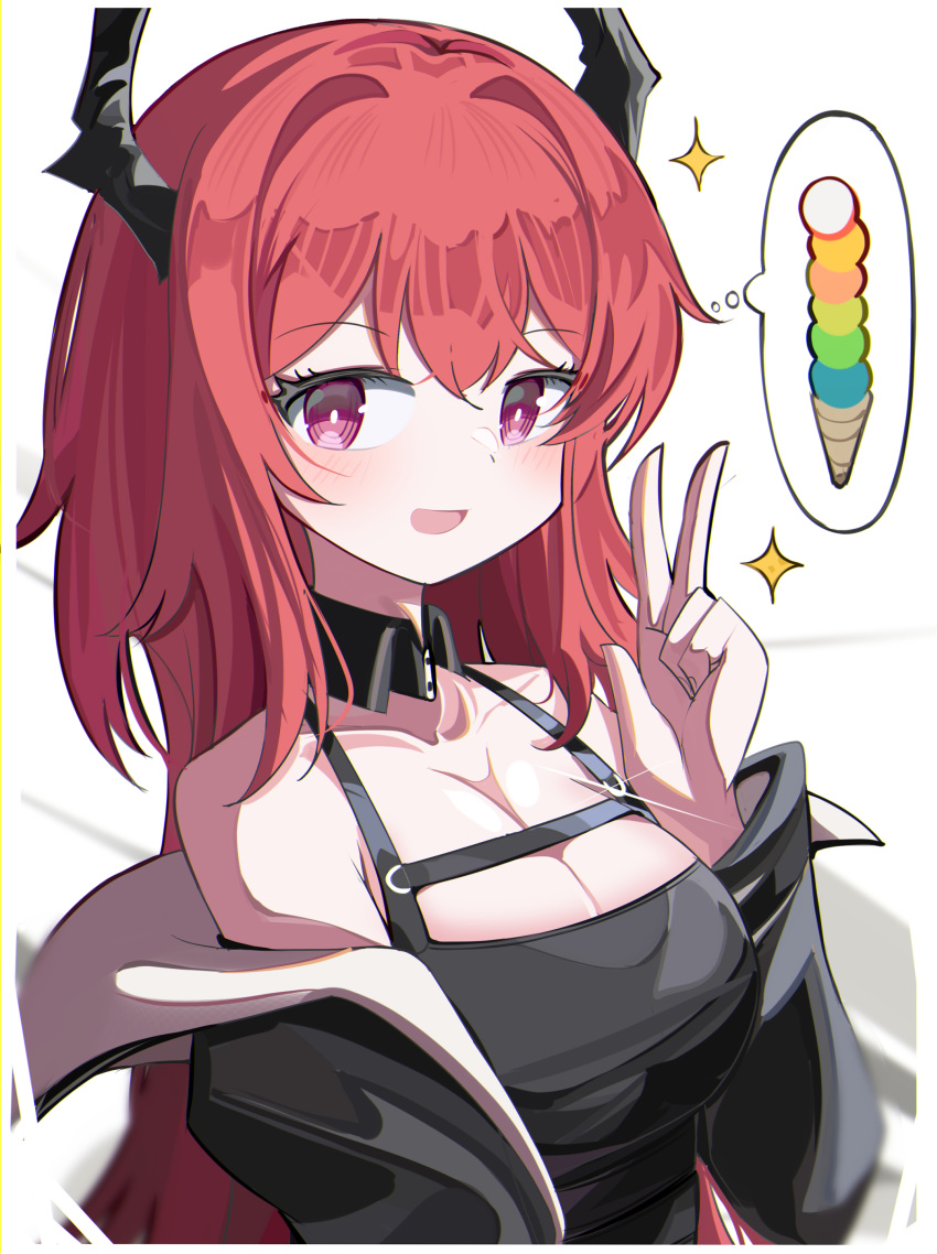 1girl :d absurdres arknights black_dress black_jacket breasts cleavage demon_horns dress food hair_between_eyes hair_intakes highres horns ice_cream ice_cream_cone jacket long_hair long_sleeves looking_at_viewer medium_breasts off_shoulder open_clothes open_jacket purple_eyes red_hair smile solo spam_(spamham4506) sparkle spoken_food surtr_(arknights) too_many too_many_scoops very_long_hair white_background