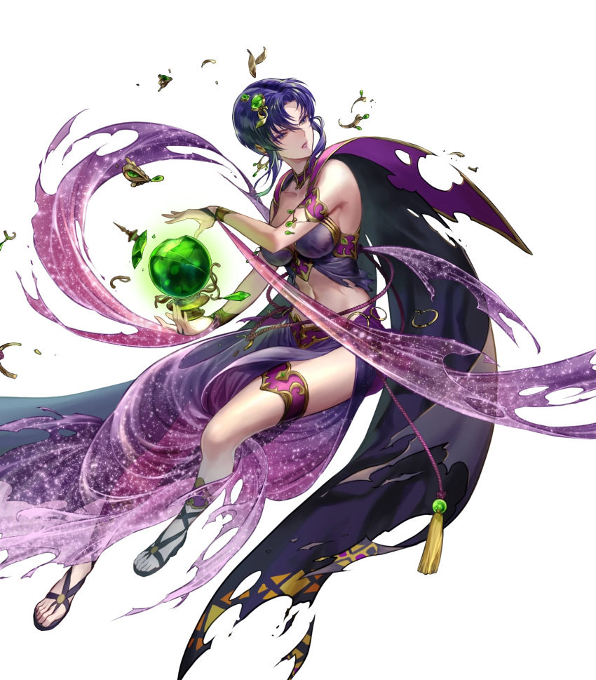 1girl bangs bare_shoulders blue_hair breasts cape fire_emblem fire_emblem:_the_blazing_blade fire_emblem_heroes hair_ornament highres medium_breasts navel non-web_source official_art pelvic_curtain purple_eyes sandals shiny_hair short_hair solo stomach suzuki_rika thigh_strap toes ursula_(fire_emblem)