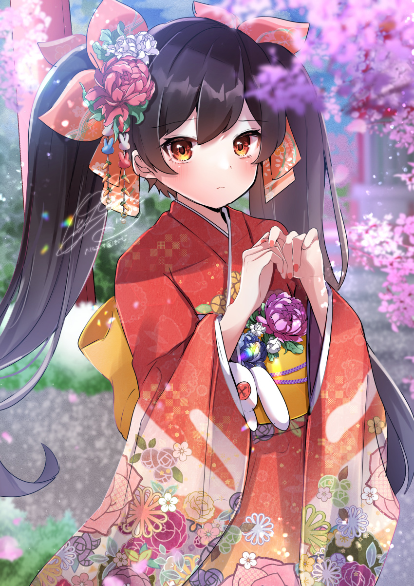 1girl absurdres alternate_costume ashley_(warioware) bangs black_hair blush cherry_blossoms floral_print flower hair_flower hair_ornament herunia_kokuoji highres japanese_clothes kimono long_hair long_sleeves looking_at_viewer new_year own_hands_together red_eyes signature solo stuffed_animal stuffed_toy twintails very_long_hair warioware wide_sleeves