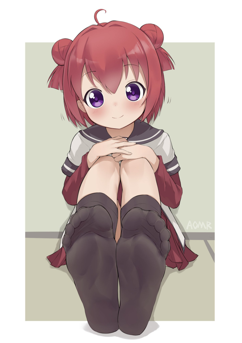 1girl akaza_akari aomoro black_socks blush closed_mouth commentary double_bun feet foot_focus foreshortening full_body hair_bun hands_on_own_knees head_tilt highres indoors layered_sleeves long_sleeves looking_at_viewer medium_hair miniskirt nanamori_school_uniform no_shoes purple_eyes red_hair red_skirt school_uniform shadow shiny_hair short_sleeves signature sitting skirt smile socks soles solo spread_toes symbol-only_commentary toes yuru_yuri