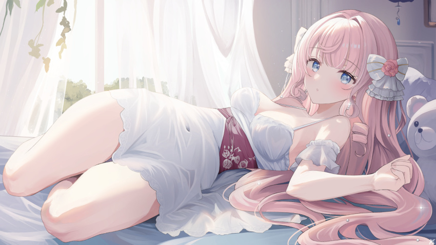 1girl blue_eyes bow breasts cleavage commentary_request commission curtains dress hair_bow himeno_aimu indie_virtual_youtuber kurage_cc long_hair on_bed pink_hair skeb_commission solo stuffed_animal stuffed_toy teddy_bear very_long_hair virtual_youtuber white_bow white_dress