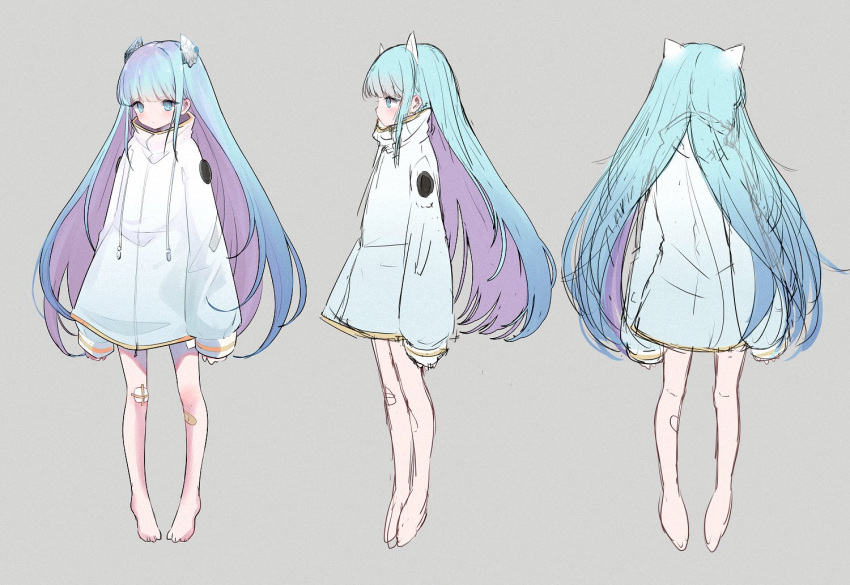 1girl bandaid bandaid_on_knee bandaid_on_leg barefoot blue_eyes blue_hair closed_mouth coat drawstring expressionless facing_away from_behind from_side full_body gauze grey_background hair_ornament high_collar indie_virtual_youtuber long_hair long_sleeves mimelond multiple_views official_art parted_hair profile reference_sheet simple_background sleeves_past_wrists somunia standing very_long_hair virtual_youtuber white_coat