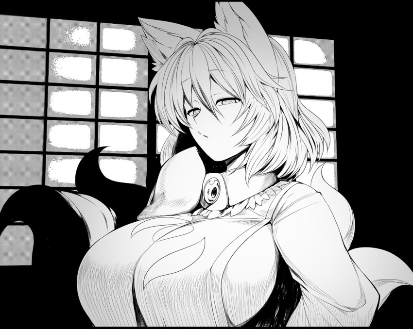 1girl animal_ears bangs breasts commentary fox_ears fox_girl fox_tail kitsune large_breasts looking_at_viewer mizuga monochrome multiple_tails parted_lips short_hair solo symbol-only_commentary tabard tail touhou upper_body window yakumo_ran