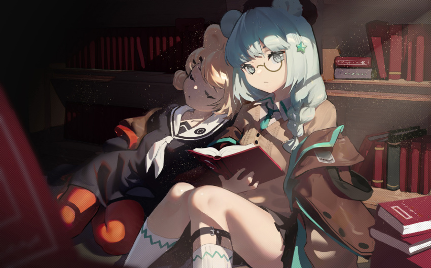 2girls animal_ears arknights bear_ears black_dress blonde_hair blue_hair blue_necktie book bookshelf braid brown_jacket collared_shirt commentary_request cyan_aqua dress feet_out_of_frame grey_eyes gummy_(arknights) hair_ornament hairclip highres holding holding_book indoors istina_(arknights) jacket knees_together_feet_apart long_sleeves multiple_girls necktie off_shoulder open_book open_clothes open_jacket pantyhose puffy_long_sleeves puffy_sleeves red_pantyhose shirt sitting socks white_shirt white_socks