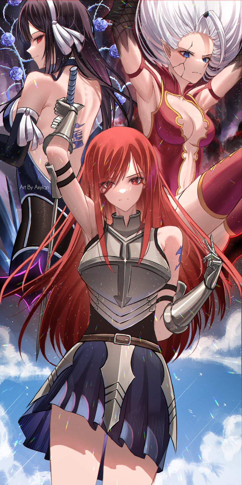 3girls absurdres arm_up armor armpits artist_name axylon back_tattoo bare_shoulders belt black_gloves black_hair blue_eyes blue_flower blue_rose blue_skirt blue_sky breastplate breasts brown_belt cleavage cloud elbow_gloves english_text erza_scarlet fairy_tail flower gauntlets gloves hair_ribbon highres holding holding_sword holding_weapon katana large_breasts long_hair looking_at_viewer mirajane_strauss multiple_girls navel official_alternate_costume pointy_ears red_hair ribbon rose shoulder_tattoo skirt sky sword tattoo ultear_milkovich weapon white_hair white_ribbon