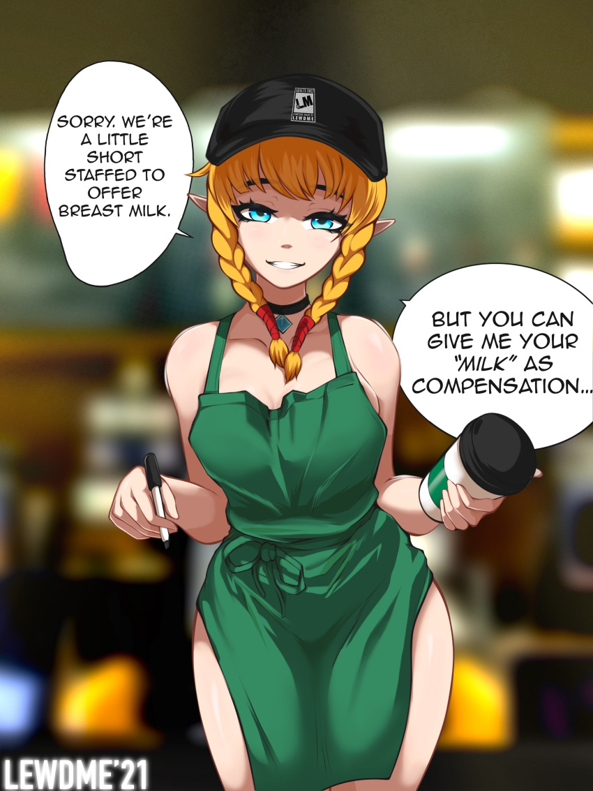 1girl absurdres apron blonde_hair blue_eyes breasts drink english_text green_apron highres holding holding_marker hyrule_warriors iced_latte_with_breast_milk_(meme) indoors lewdme_2120 linkle looking_at_viewer marker meme naked_apron speech_bubble starbucks the_legend_of_zelda watermark