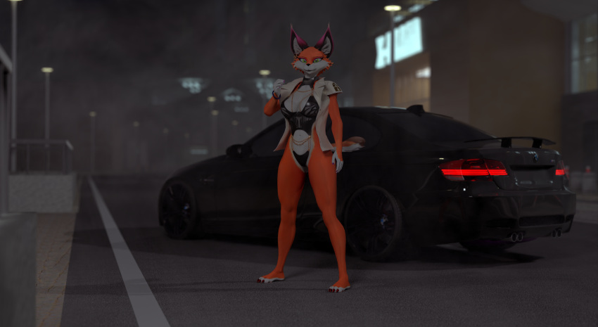 16:9 3d_(artwork) anthro barefoot blender_(software) blender_cycles bmw bmw_m3 bodysuit building canid canine canis car chain clothing digital_media_(artwork) ear_piercing ear_ring feet female fog fox foxxy_vixen foxy_(original) hi_res humanoid jacket leather lights mammal night piercing railing ring_piercing sidewalk sign signpost skinsuit solo straps straps_across_chest street street_lamp swimwear taillights tight_clothing topwear translucent tuning vehicle widescreen