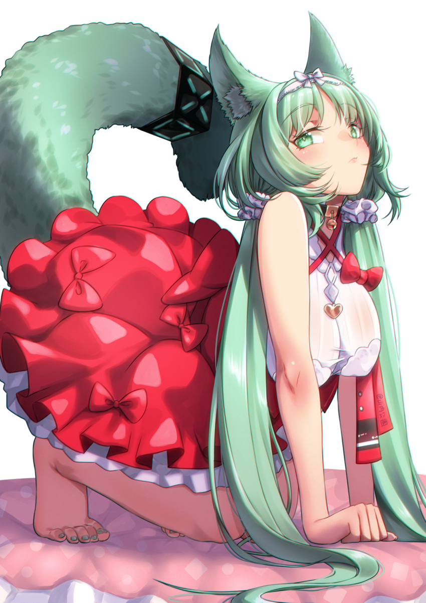 1girl all_fours animal_collar animal_ear_fluff animal_ears arknights artist_name barefoot bell blush bow breasts cat_ears cat_girl cat_tail chinese_commentary closed_mouth collar commentary_request dress eyelashes feet frilled_dress frills full_body green_eyes green_hair green_nails hair_ornament hair_scrunchie hairband harmonie_(arknights) highres large_breasts long_hair looking_at_viewer mixed-language_commentary nail_polish neck_bell parted_bangs red_bow red_dress scrunchie simple_background solo tail toenail_polish toenails toes twintails very_long_hair white_background white_hairband yamauchi_(conan-comy)