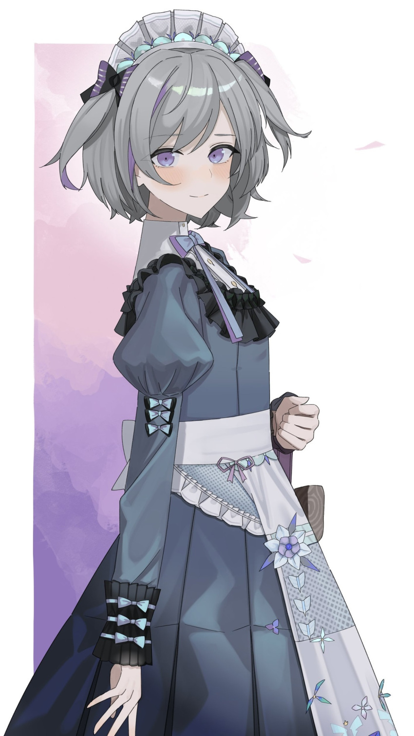 1girl a_iri_a apron bad_id bad_twitter_id blush bow contender_(flowerful_maid)_(girls'_frontline) contender_(girls'_frontline) dress girls'_frontline grey_dress grey_hair hair_bow highres looking_at_viewer looking_to_the_side maid maid_headdress multicolored_hair official_alternate_costume purple_eyes purple_hair simple_background smile solo streaked_hair waist_apron
