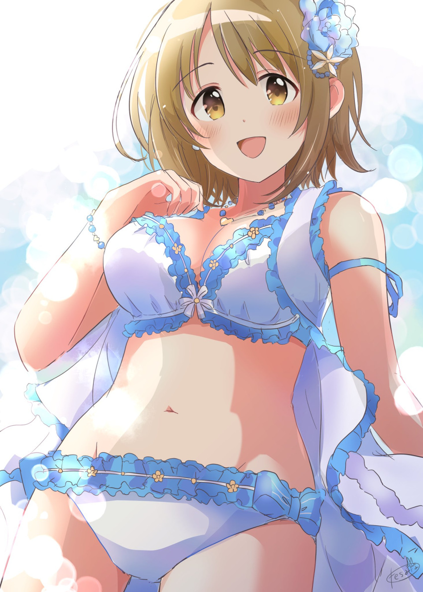 1girl bare_shoulders bead_bracelet beads bikini blue_flower blue_trim blurry blurry_background blush bracelet breasts brown_eyes brown_hair cinderella_girls_gekijou cleavage collarbone cowboy_shot dot_nose flower frilled_bikini frills hair_flower hair_ornament hand_up heart heart_necklace highres idolmaster idolmaster_cinderella_girls idolmaster_cinderella_girls_starlight_stage jewelry large_breasts lens_flare lens_flare_abuse looking_at_viewer mimura_kanako navel necklace open_mouth plump potesara888 short_hair side-tie_bikini_bottom signature solo standing star_(symbol) star_hair_ornament swimsuit white_bikini