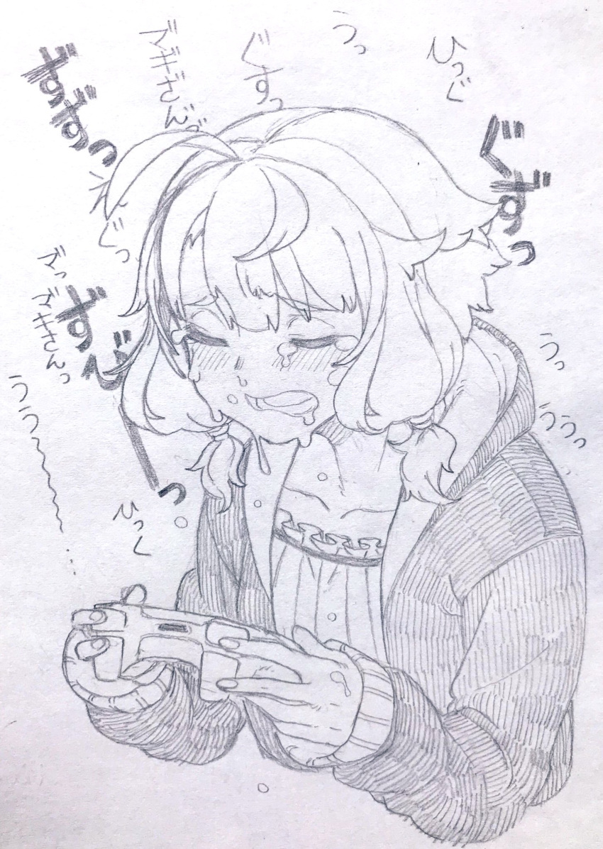 1girl ahoge blush closed_eyes collarbone commentary_request controller cropped_torso crying dress frown furrowed_brow game_controller graphite_(medium) greyscale highres holding holding_controller holding_game_controller hood hood_down hoodie long_sleeves monochrome open_clothes open_hoodie open_mouth ribbed_dress short_hair sidelocks simple_background solo toriniku29 traditional_media translation_request upper_body vocaloid voiceroid yuzuki_yukari