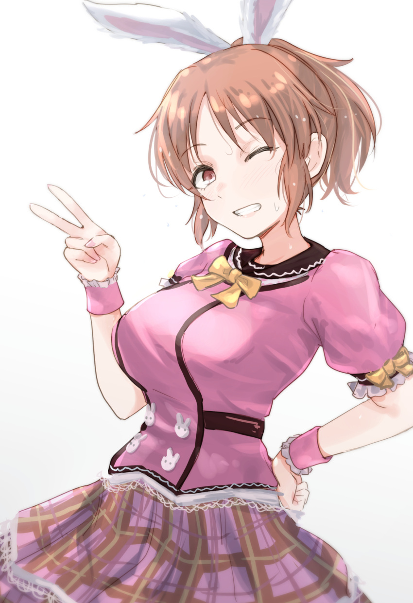 1girl abe_nana animal_ears bow bowtie breasts brown_hair cowboy_shot dress frilled_sleeves frills gradient_background grin hand_on_own_hip highres idolmaster idolmaster_cinderella_girls lace-trimmed_dress lace-trimmed_skirt lace_trim large_breasts light_particles looking_at_viewer one_eye_closed pink_dress pink_nails pink_skirt pink_wrist_cuffs plaid plaid_skirt ponytail puffy_short_sleeves puffy_sleeves rabbit_ears rabbit_ornament short_hair short_sleeves sidelocks skirt smile solo unu_(unucence) v white_background wrist_cuffs yellow_bow yellow_bowtie