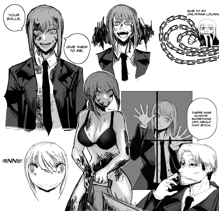 1boy 1girl blood blood_on_clothes blood_on_face bra braid braided_ponytail breasts chain chainsaw chainsaw_man closed_mouth collared_shirt commentary english_commentary english_text formal greyscale heartbreak_juan highres holding holding_chainsaw kishibe_(chainsaw_man) large_breasts long_coat long_hair looking_at_viewer makima_(chainsaw_man) medium_hair monochrome necktie office_lady open_mouth ringed_eyes shirt sidelocks simple_background smile solo_focus speech_bubble suit underwear