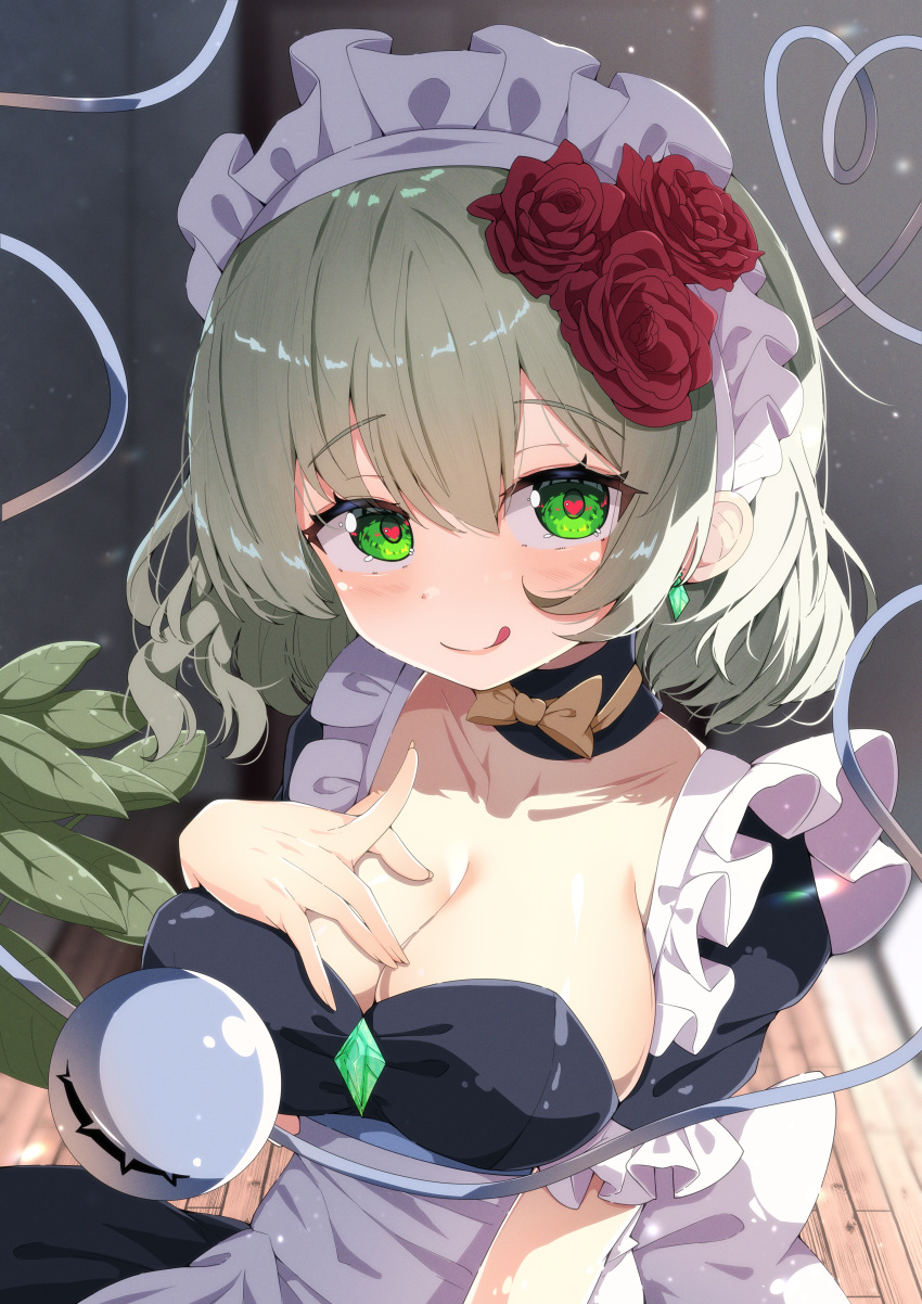 1girl absurdres alternate_costume apron black_choker black_dress blush breasts buttons choker cleavage commentary_request detached_collar dfra diamond_button dress earrings enmaided eyeball flower frilled_sleeves frills green_eyes green_hair hair_flower hair_ornament hand_on_own_chest heart heart-shaped_pupils heart_of_string highres indoors jewelry komeiji_koishi large_breasts licking_lips light_particles looking_at_viewer maid maid_apron maid_headdress plant puffy_short_sleeves puffy_sleeves red_flower red_rose rose short_hair short_sleeves solo symbol-shaped_pupils third_eye tongue tongue_out touhou upper_body wooden_floor