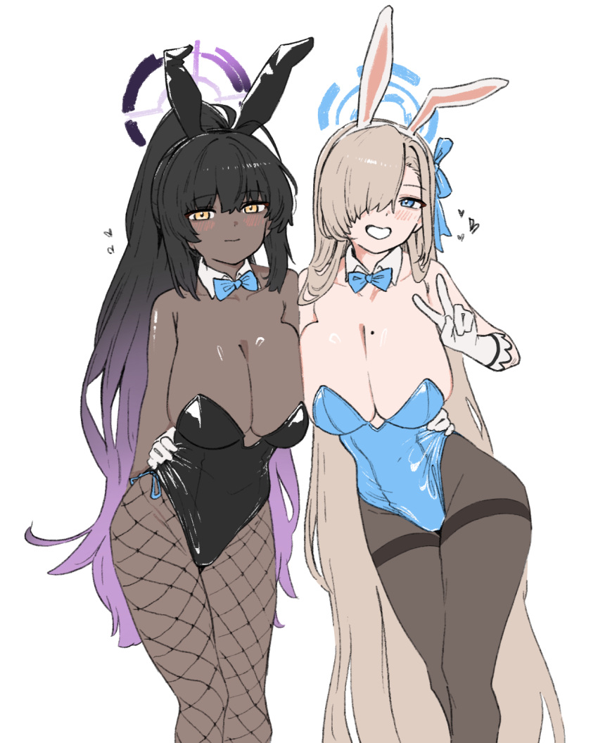 2girls animal_ears asuna_(blue_archive) asuna_(bunny)_(blue_archive) black_hair black_leotard black_pantyhose blue_archive blue_bow blue_eyes blue_halo blue_leotard blush bow breasts cleavage closed_mouth collarbone dark-skinned_female dark_skin detached_collar fake_animal_ears feet_out_of_frame fishnet_pantyhose fishnets fried_bocky gloves grin hair_over_one_eye halo highres karin_(blue_archive) karin_(bunny)_(blue_archive) large_breasts leotard light_brown_hair long_hair looking_at_viewer mole mole_on_breast multiple_girls official_alternate_costume pantyhose purple_halo rabbit_ears simple_background smile strapless strapless_leotard v white_background white_gloves yellow_eyes