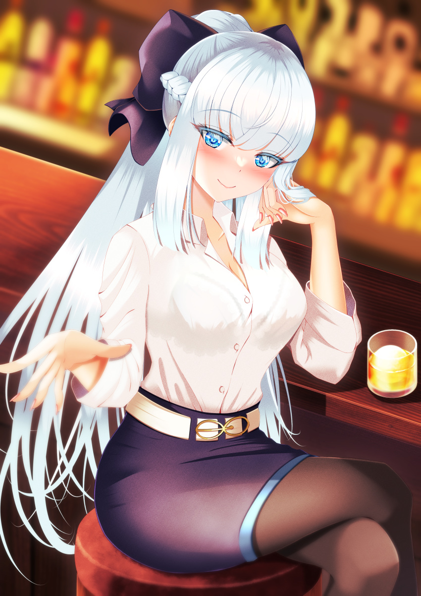 1girl absurdres alcohol bar_(place) bar_stool belt black_bow black_dress black_skirt blue_eyes blush bow bra braid breasts cleavage collared_shirt counter dress dress_shirt fate/grand_order fate_(series) french_braid grey_hair hair_bow highres large_breasts liquor long_hair looking_at_viewer morgan_le_fay_(chaldea_satellite_station)_(fate) morgan_le_fay_(fate) office_lady open_bra pantyhose pencil_skirt ponytail shirt sidelocks skirt smile solo stool thighs underwear very_long_hair white_belt white_shirt wine