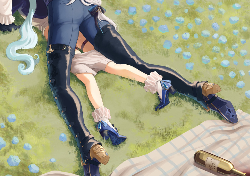 1boy 1girl ankle_boots aqua_hair bonbon_(bonesofbeskar) boots bottle boy_on_top bridal_garter chaps clothed_sex clothes_pull commentary english_commentary field flower flower_field frilled_anklet furina_(genshin_impact) genshin_impact grass height_difference hetero high_heel_boots high_heels highres long_hair lying neuvillette_(genshin_impact) on_grass on_stomach outdoors prone_bone red_wine sex sex_from_behind shorts shorts_pull spill white_hair wine_bottle