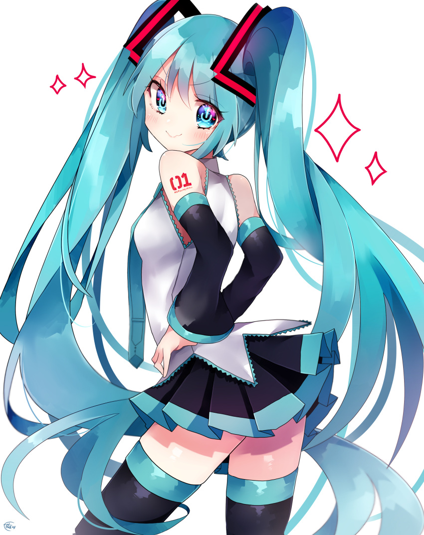 1girl absurdres bangs blue_eyes blue_hair blush detached_sleeves from_behind hair_ornament hands_on_hips hatsune_miku highres koyubisennti long_hair long_sleeves looking_at_viewer looking_back necktie pleated_skirt power_symbol-shaped_pupils shirt skirt sleeveless sleeveless_shirt smile solo sparkle thighhighs twintails v-shaped_eyebrows very_long_hair vocaloid