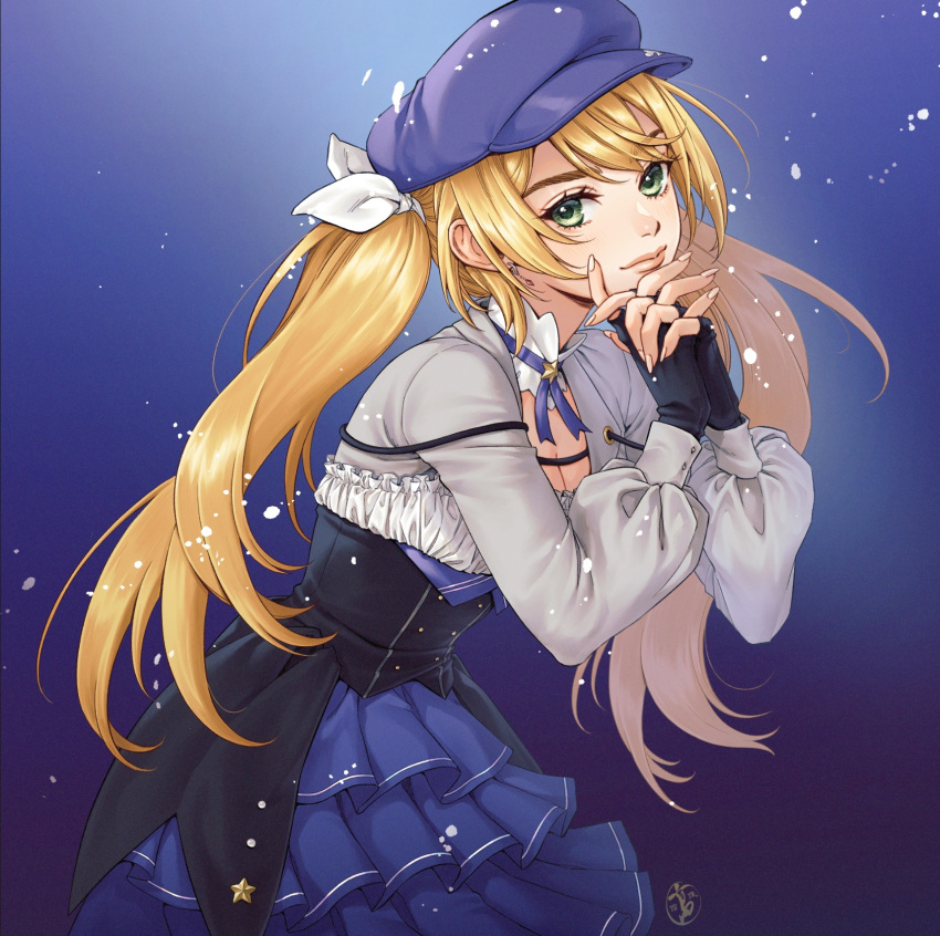 1girl black_gloves blonde_hair blue_background blue_dress blue_headwear breasts choker cleavage collar dokibird_(vtuber) dress english_commentary eyelashes fingerless_gloves frilled_collar frills gloves gradient_background green_eyes grey_jacket highres indie_virtual_youtuber irene_koh jacket layered_dress long_hair looking_at_viewer own_hands_together pink_lips simple_background solo star_(symbol) star_choker twintails upper_body virtual_youtuber