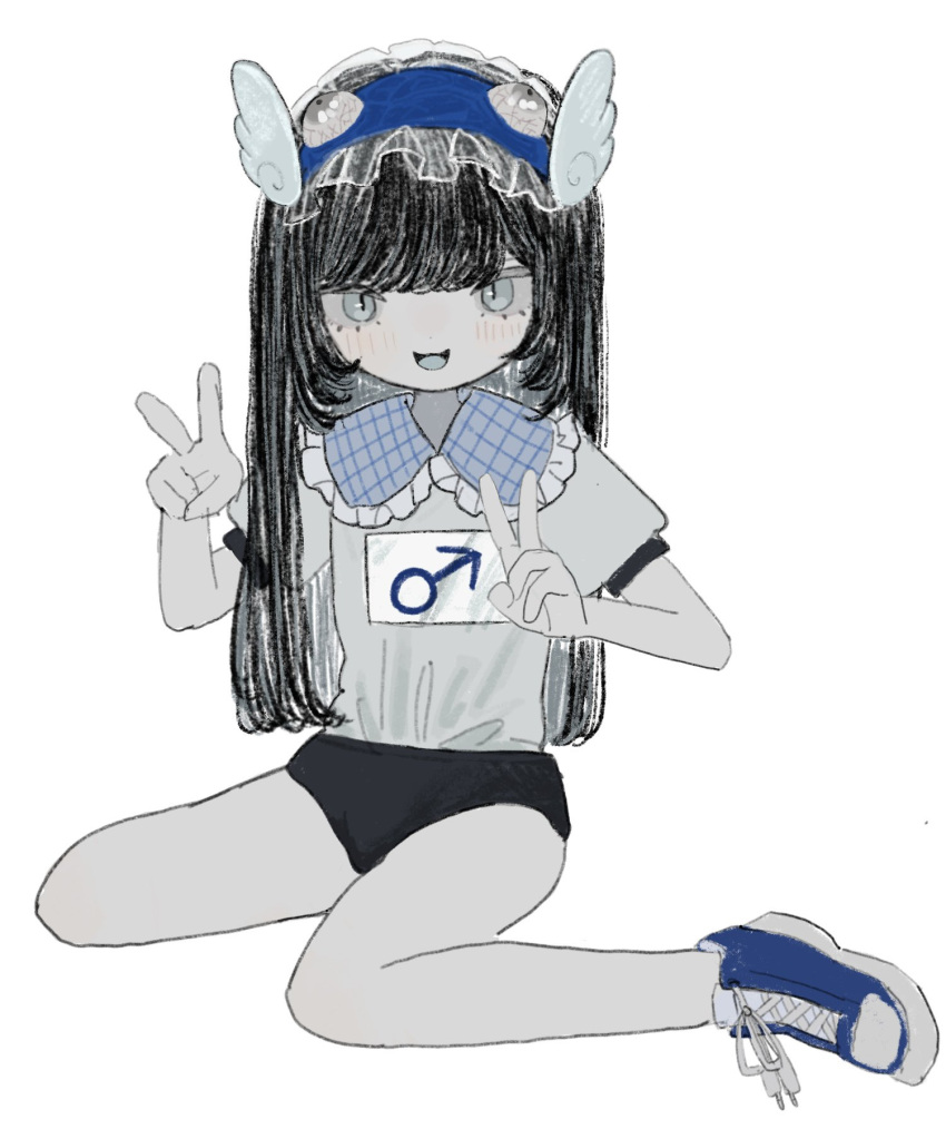 1boy :d black_buruma black_hair blue_footwear buruma collared_shirt double_v frilled_hairband frilled_shirt_collar frills full_body grey_shirt gym_shirt gym_uniform hairband highres hougetsu_(moon_neetcat) long_hair looking_at_viewer male_focus mars_symbol open_mouth original otoko_no_ko shirt shoes short_sleeves simple_background sitting smile sneakers solo v wariza white_background wing_hair_ornament