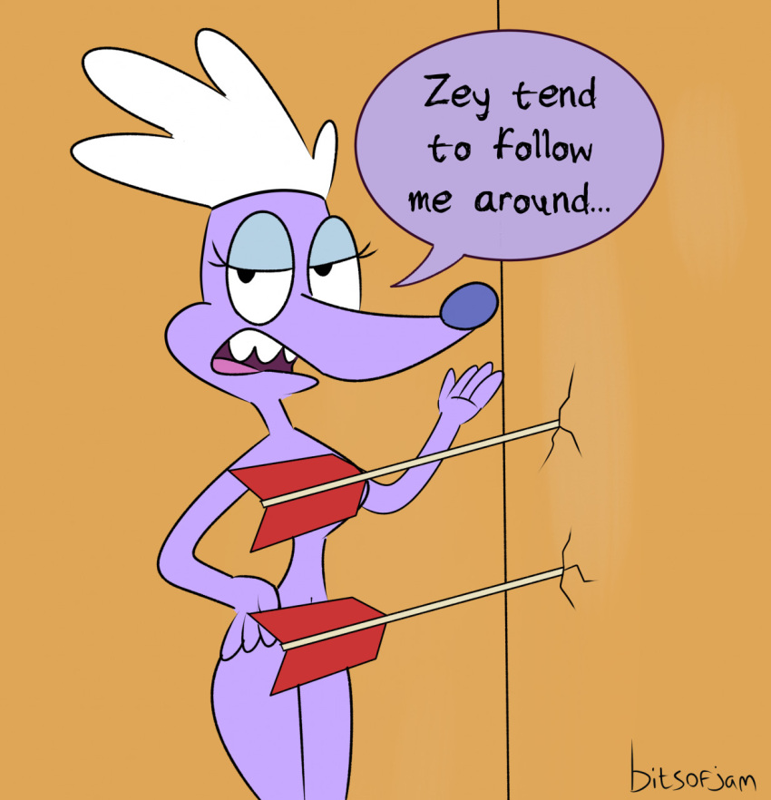 anthro bitsofjam breaking_the_fourth_wall canid canine canis convenient_censorship domestic_dog female french_accent hair hand_on_hip hi_res looking_at_viewer mammal nickelodeon nude on_model poodle rocko's_modern_life solo talking_to_viewer toony white_hair