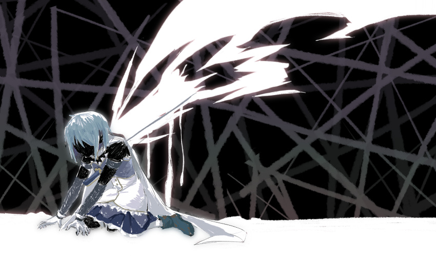 1girl absurdres black_background black_skin blue_footwear blue_hair blue_skirt boots chinese_commentary colored_skin commentary_request dress energy_wings full_body gloves highres kneeling mahou_shoujo_madoka_magica mahou_shoujo_madoka_magica_(anime) miki_sayaka pleated_skirt shao_ziye short_hair skirt solo white_background white_dress white_gloves