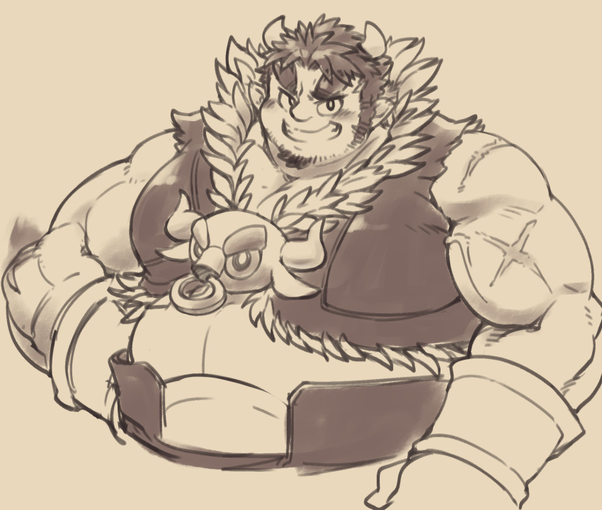 1boy animal_skull bara belly blush cow_boy cropped_torso exe_exem facial_hair forked_eyebrows goatee greyscale grin highres huge_eyebrows long_sideburns male_focus monochrome muscular muscular_male plump short_hair sideburns sideburns_stubble smile solo stubble tetsuox_(housamo) thick_arms thick_eyebrows tokyo_afterschool_summoners