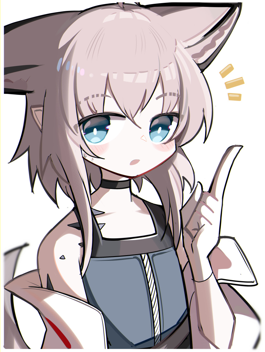 1girl absurdres ahoge animal_ear_fluff animal_ears arknights bare_shoulders black_choker blue_dress blue_eyes blush_stickers brown_hair choker dress fox_ears fox_girl fox_tail gloves hair_between_eyes hand_up highres index_finger_raised jacket looking_at_viewer notice_lines off_shoulder open_clothes open_jacket parted_lips pointy_ears sidelocks simple_background solo spam_(spamham4506) sussurro_(arknights) sweat tail upper_body white_background white_gloves white_jacket