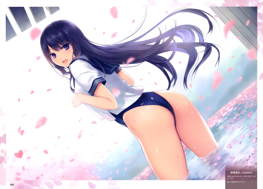 1girl absurdres ass blue_eyes blue_hair blush breasts cherry_blossoms coffee-kizoku from_behind highleg highleg_swimsuit highres long_hair looking_at_viewer looking_back one-piece_swimsuit open_mouth original partially_submerged petals sailor_collar scan shiny_skin shiramine_rika short_sleeves small_breasts smile solo swimsuit swimsuit_under_clothes thighs wading water water_drop wet