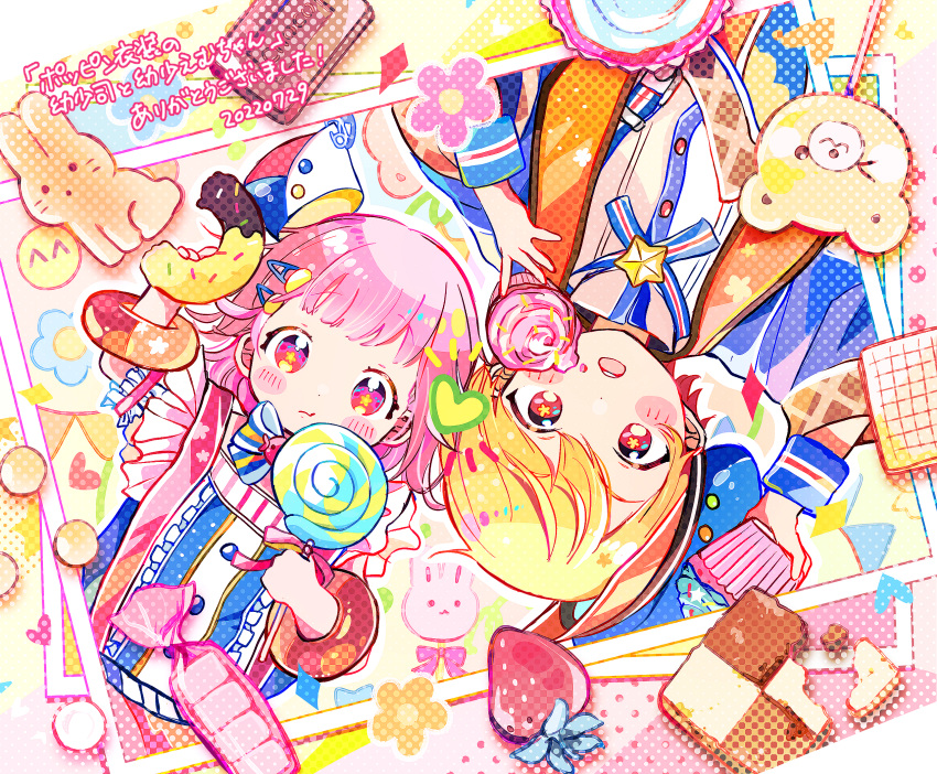 1boy 1girl bangs blonde_hair blush buttons candy closed_mouth colorful cracker cupcake doughnut flower food fruit gradient_hair hair_between_eyes hair_ornament hairclip hat heart highres holding holding_candy holding_food holding_lollipop kanji lollipop long_sleeves momomo_(m0_3) multicolored_hair ootori_emu open_mouth orange_eyes orange_hair pink_eyes pink_hair project_sekai short_hair star_(symbol) strawberry teeth tenma_tsukasa upper_body upper_teeth_only