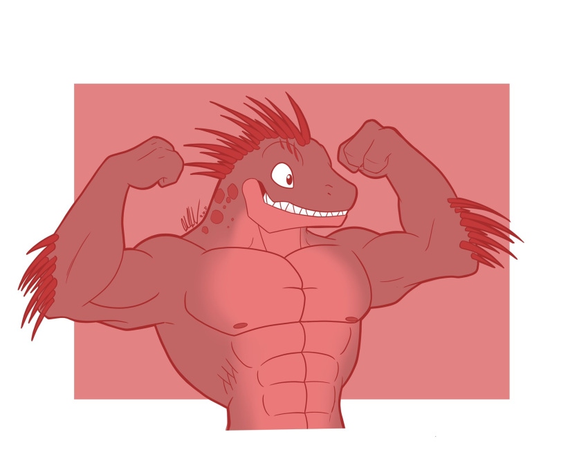 3_fingers abs alien anthro biceps border durzz fingers fist flexing grin halo_(series) head_crest hi_res ibie'shan kig-yar male microsoft monochrome muscular muscular_anthro muscular_male nipples non-mammal_nipples pecs red_and_white scales scalie simple_background smile solo spines white_border xbox_game_studios