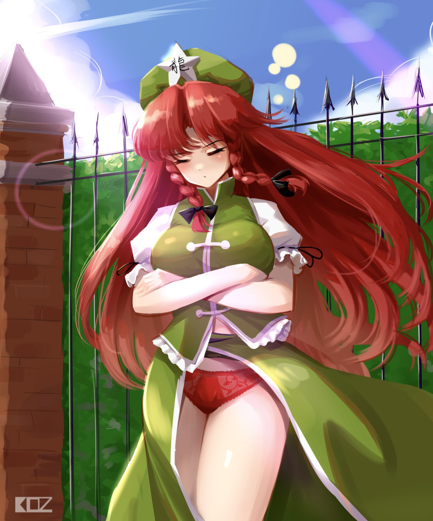 1girl absurdres bare_legs beret black_bow bow braid breasts china_dress chinese_clothes closed_eyes crossed_arms dress edz_drawz fence green_headwear hair_bow hat hat_ornament hedge highres hong_meiling iron_fence lace-trimmed_panties lace_trim large_breasts long_hair multiple_hair_bows panties pantyshot red_hair red_panties short_sleeves signature sleeping sleeping_upright star_(symbol) star_hat_ornament touhou twin_braids underwear wind wind_lift